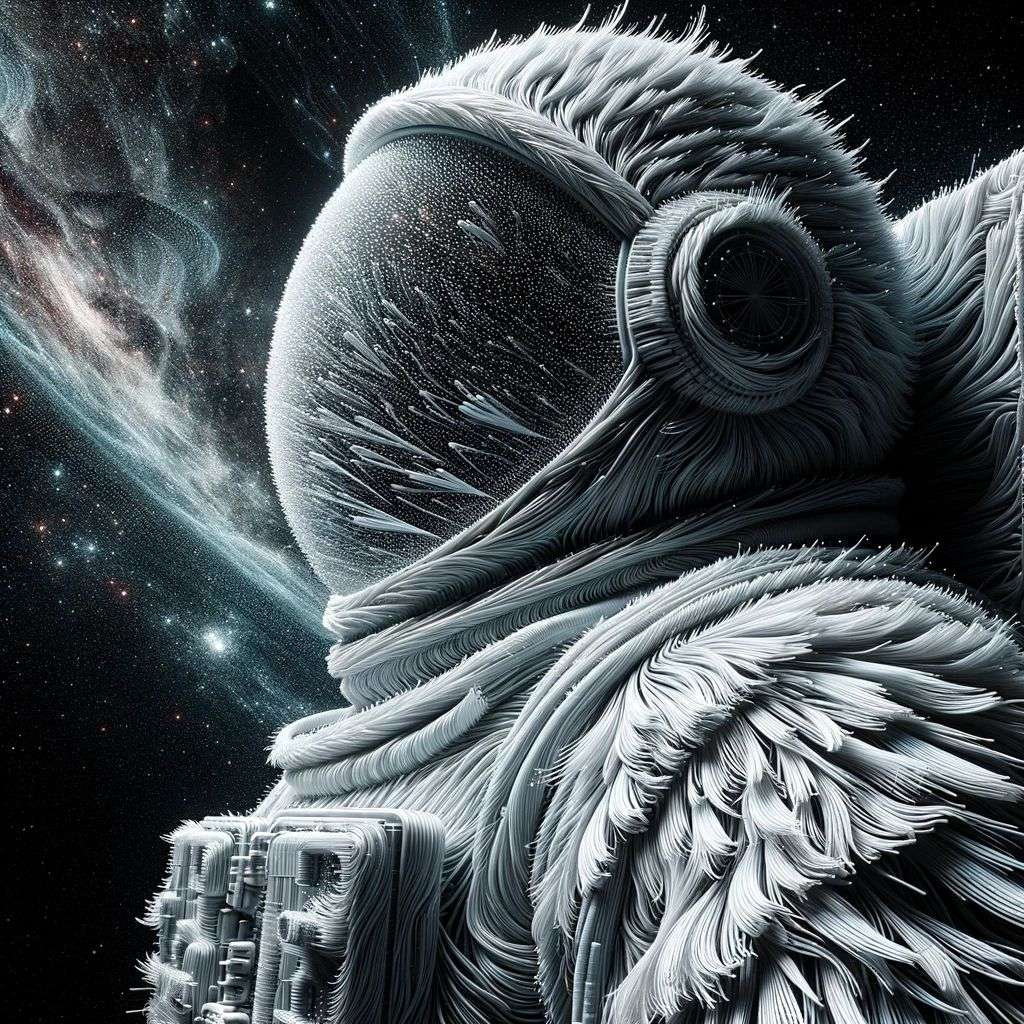 an astronaut, digital art, made from feathers